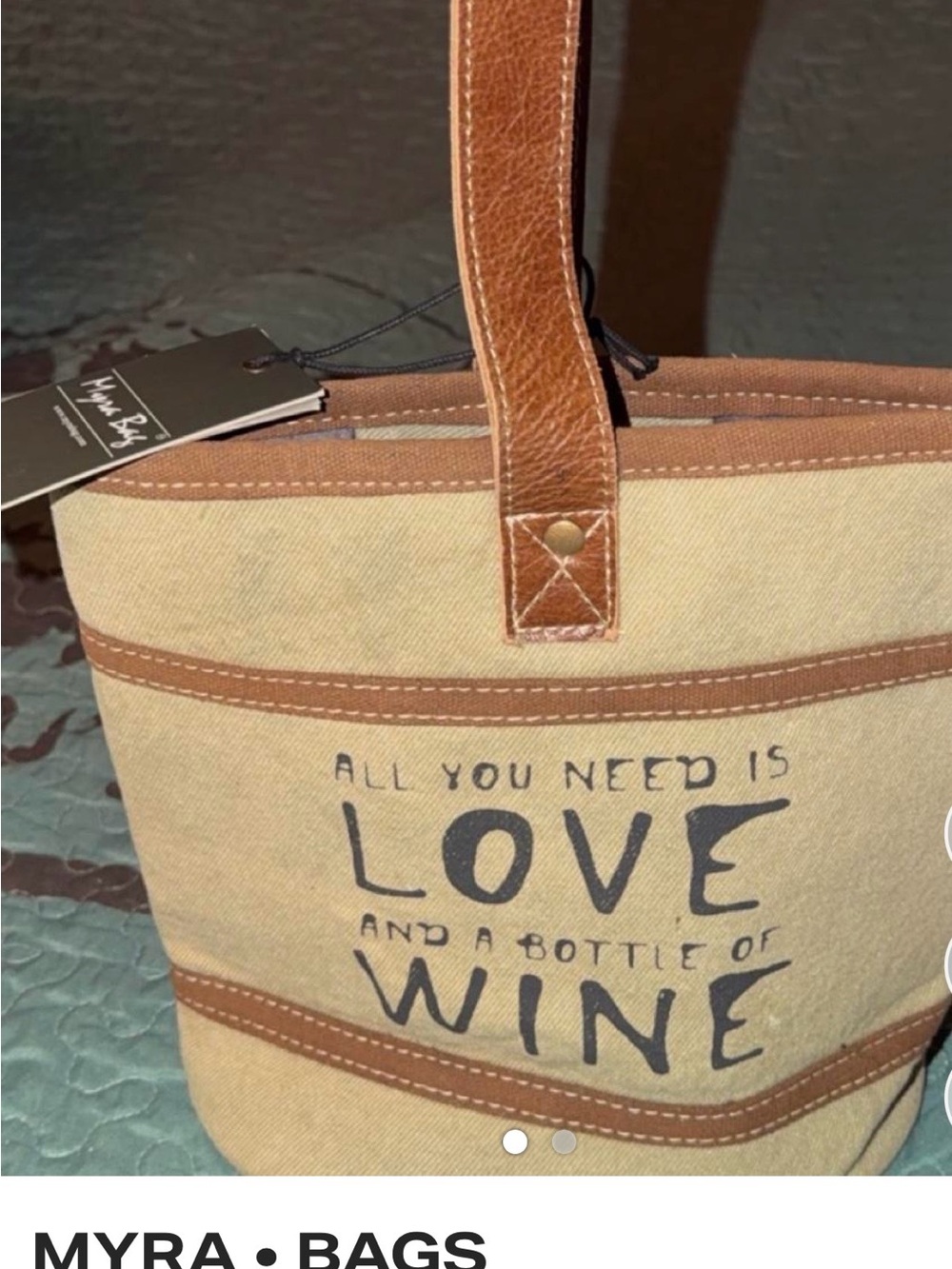 Myra Wine Bag Tan Canvas Tote with Brown Leather Handles and Printed Wine Quote